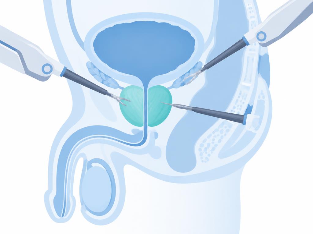 Schéma simplifié de la prostate sous la vessie, avec les instruments robotiques